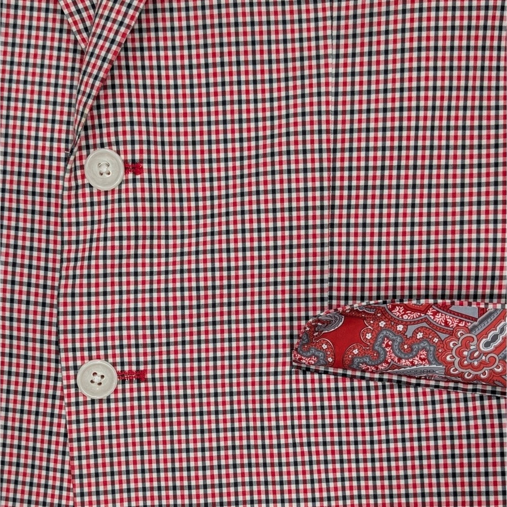 Adolfo Blazer 38R Cotton Crimson Red Gingham Summer Breeze Paisley Elbow Patches - Picture 3 of 15